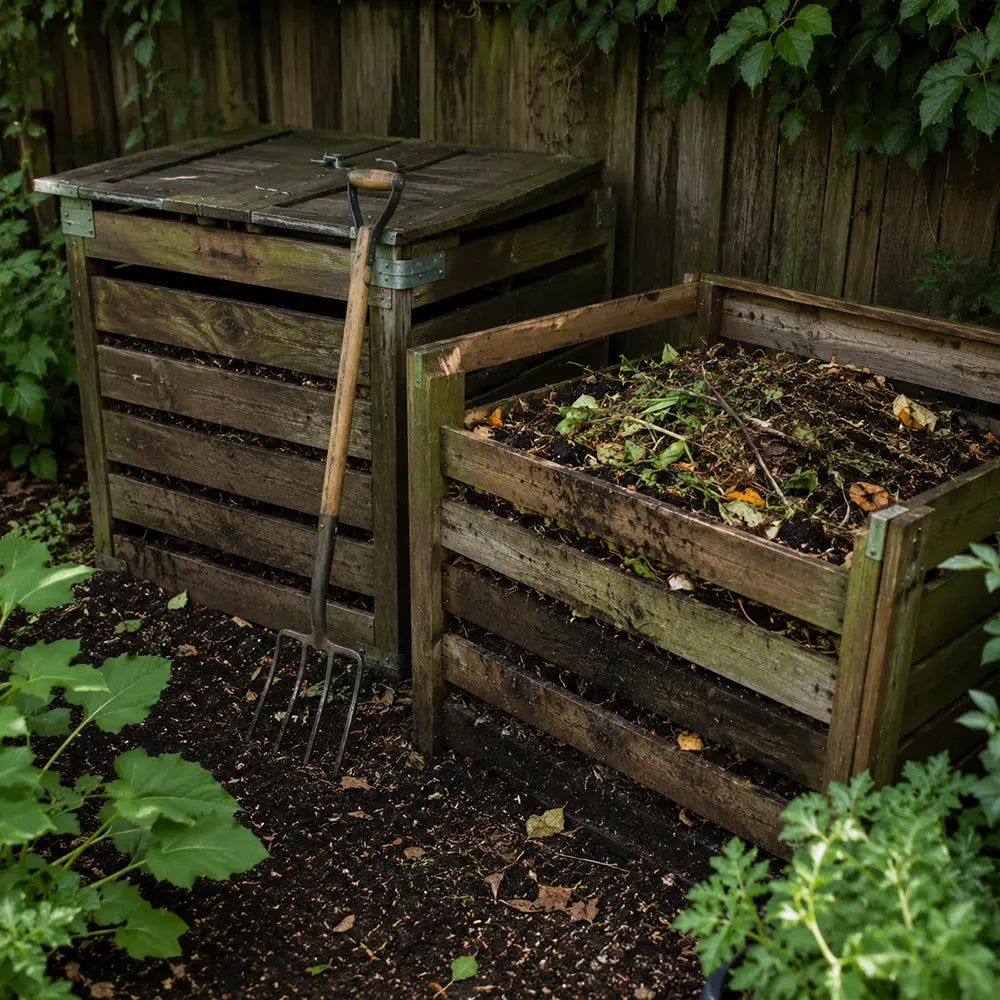 Two wooden compost bins in a garden containing composting organic matter, with a garden fork beside them.