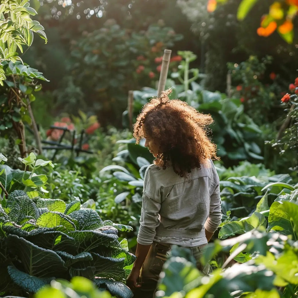 Gardener checking the growth of vegetables in a thriving organic kitchen garden.