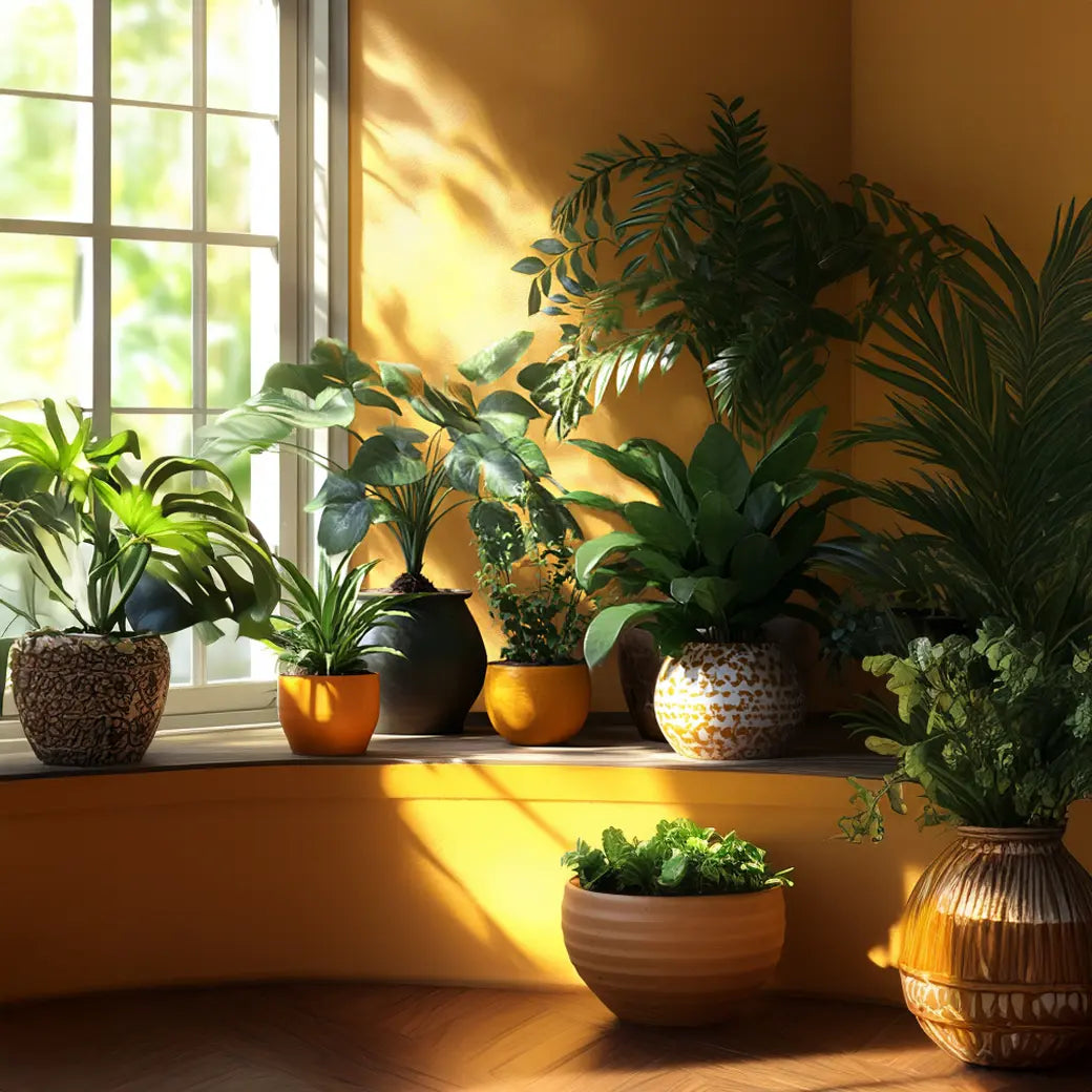 Healthy indoor plants growing near a sunny window, illustrating proper houseplant care and nutrition.