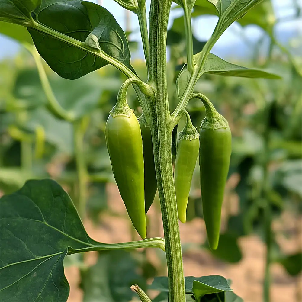 Healthy pepper plant with developing fruit, illustrating the strong growth and resilience supported by balanced plant nutrition.