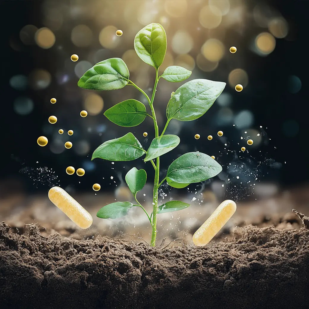 Conceptual illustration of soil-enhancing compounds improving nutrient availability and plant health.