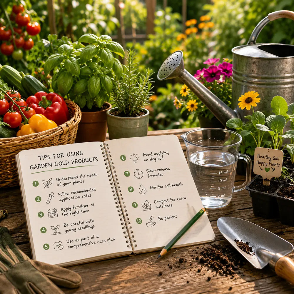 Gardening tools, seedlings, vegetables and herbs prepared for organic liquid fertiliser application during the growing season.