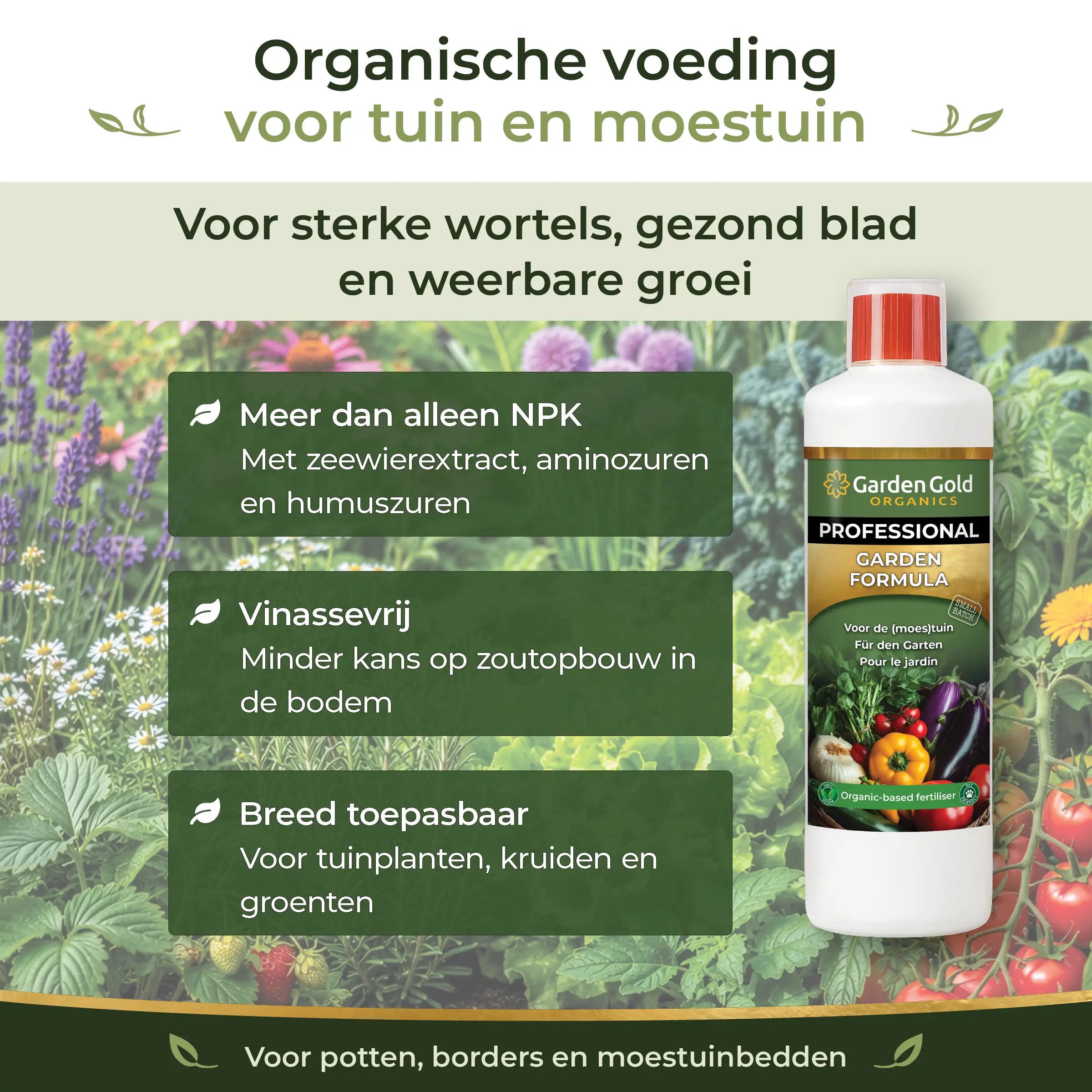 Organic-based Garden Formula for garden and vegetable plants with seaweed extract, amino acids, humic acids and a vinasse-free formula