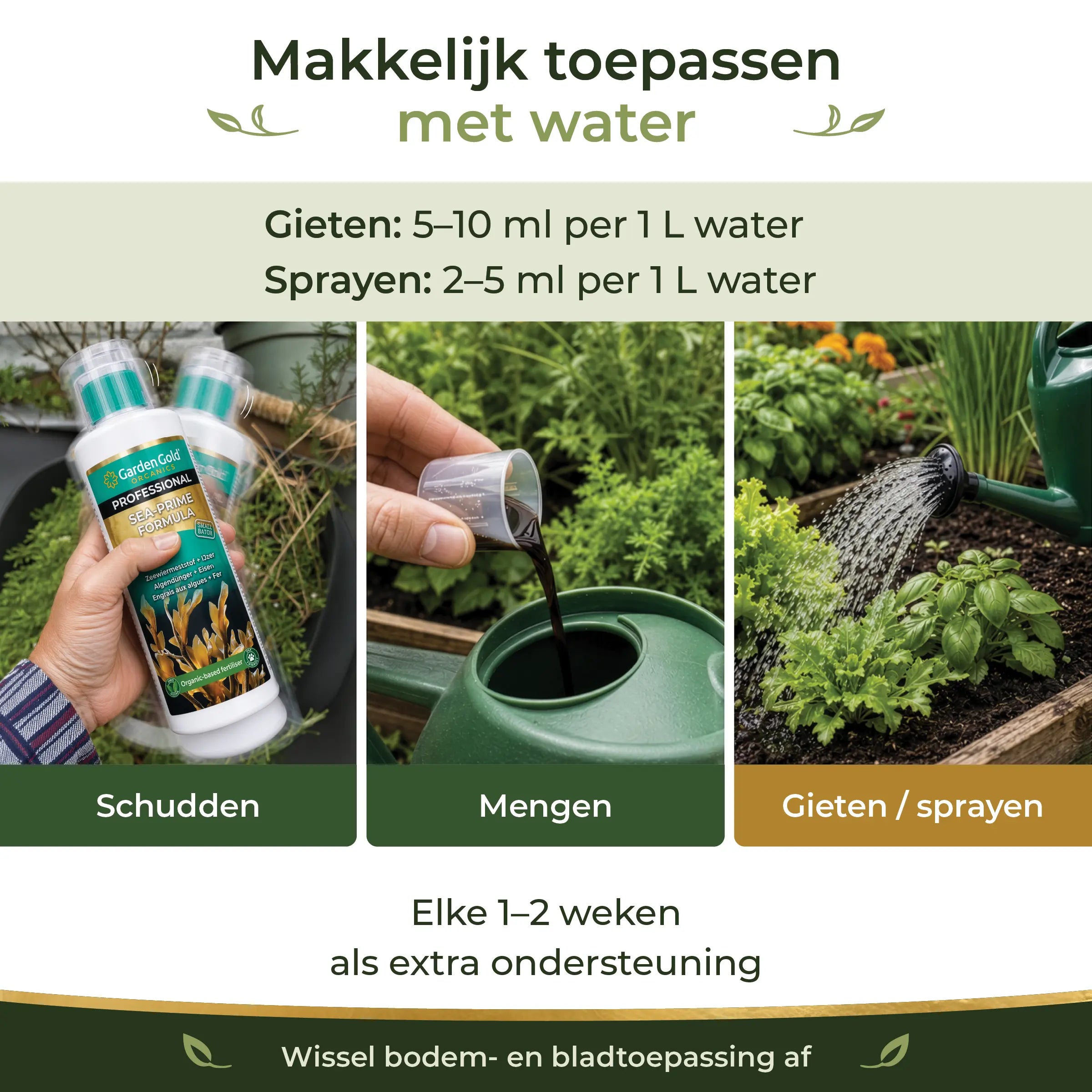Application guide for Sea-Prime showing shake, mix and water or spray at 5 to 10 ml per liter for watering and 2 to 5 ml per liter for foliar spray
