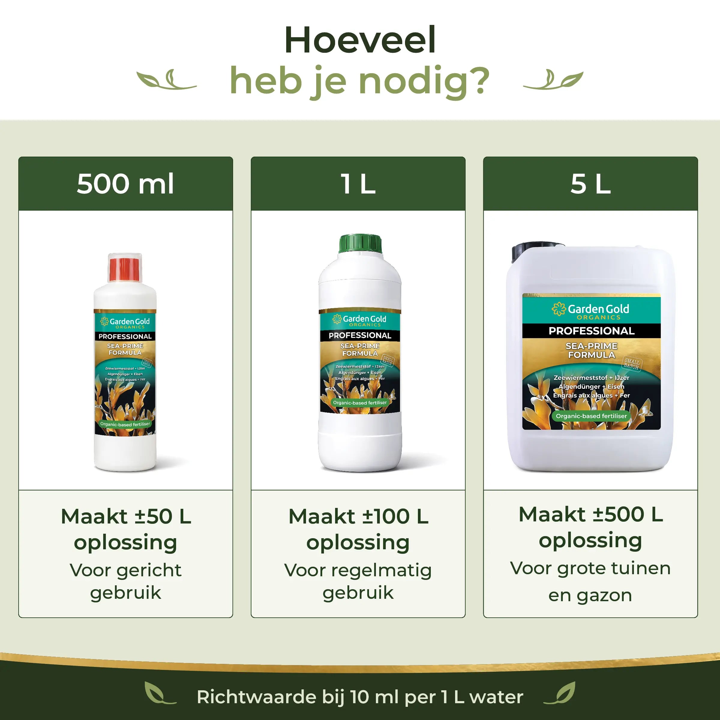 Garden Gold Sea-Prime bottle sizes showing 500 ml, 1 L and 5 L options for making concentrated seaweed solution with water