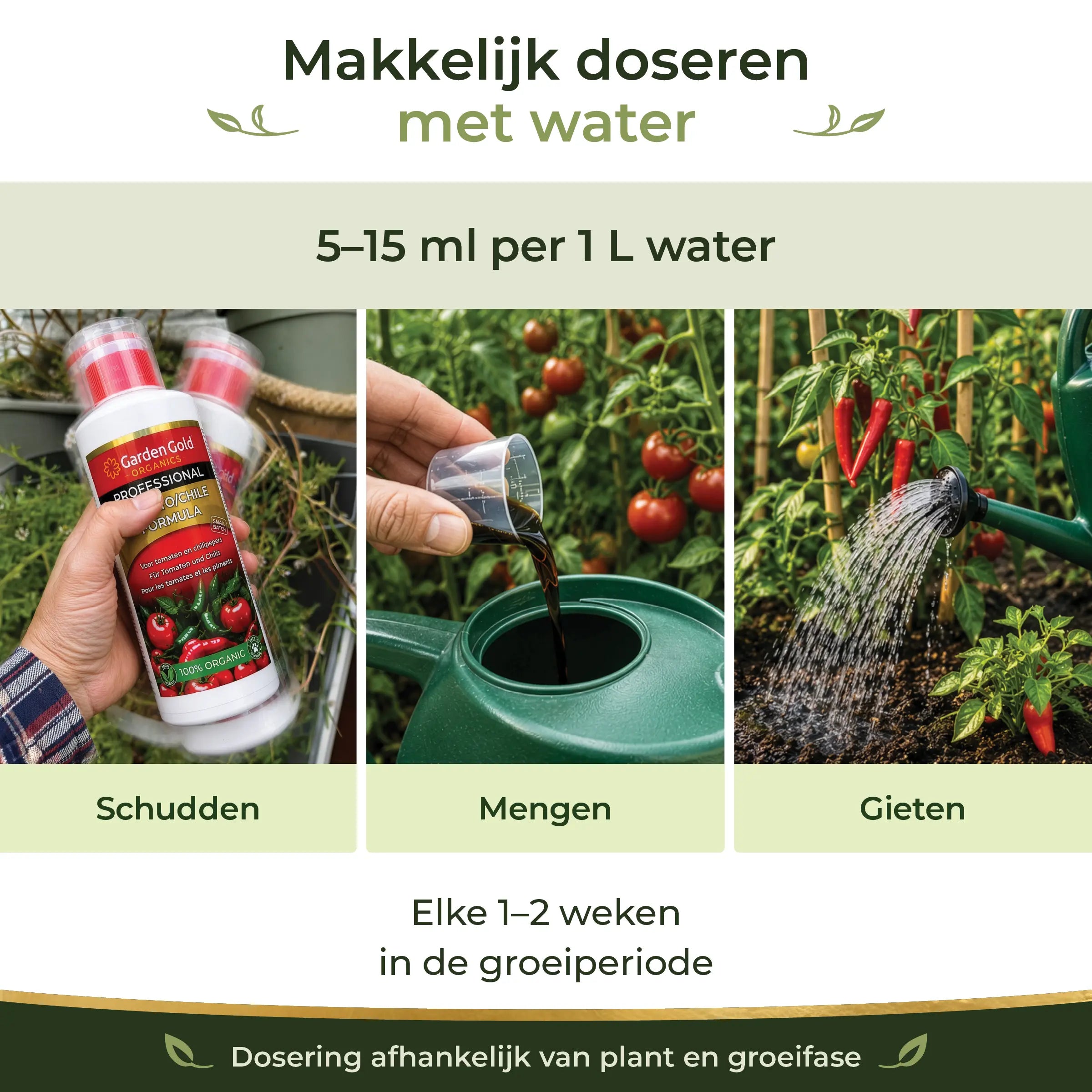 Dosage guide for Tomato/Chile Formula showing shake, mix and water at 8 to 15 ml per liter during the growing season