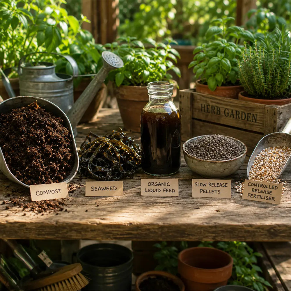Common fertiliser types including compost, seaweed, liquid fertiliser and slow-release pellets used in home gardening.