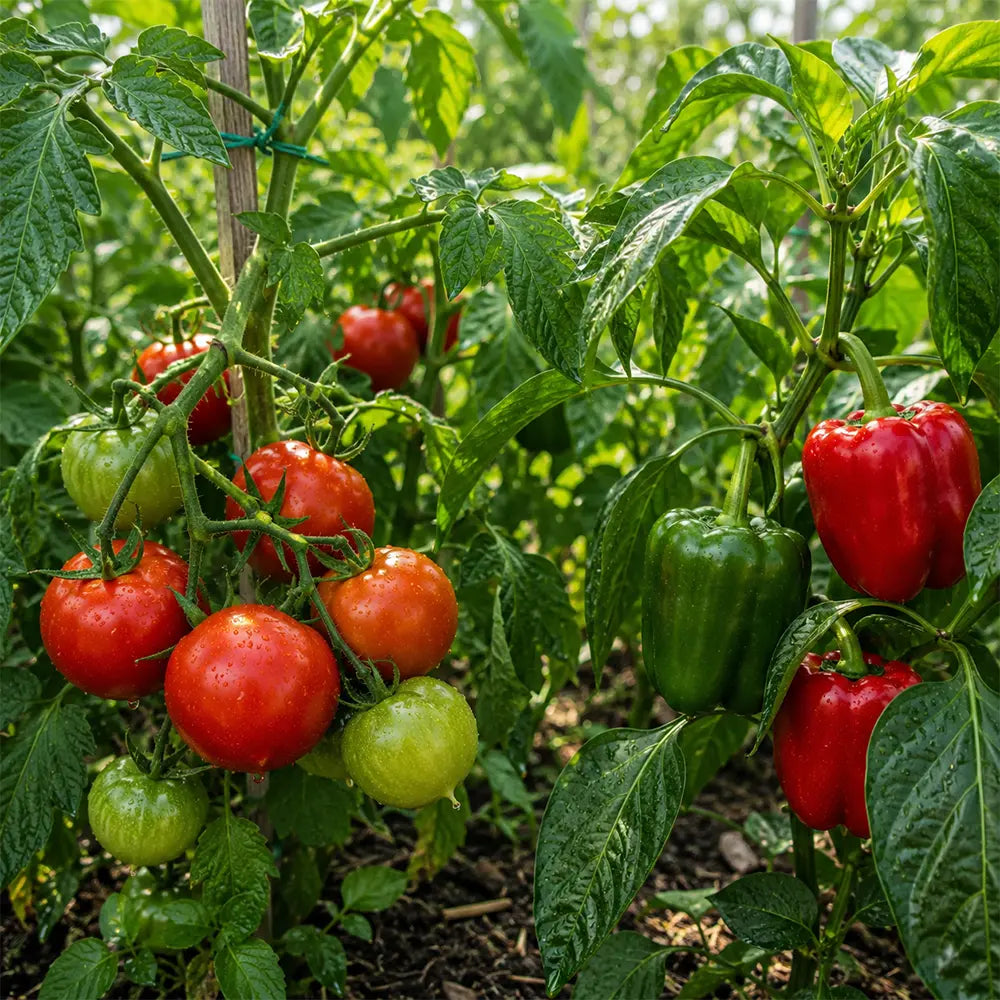 Tomatoes and bell peppers growing in a productive vegetable garden during the growing season.