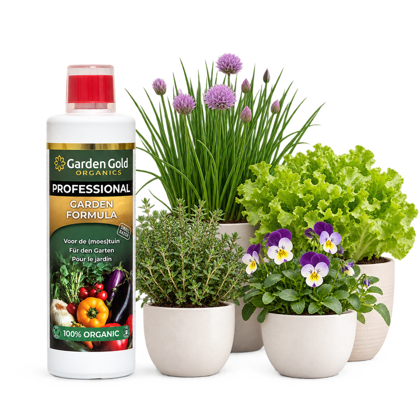 Garden Gold Organics Garden Formula beside thyme, chives, lettuce and violas