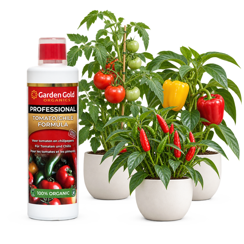 Garden Gold Organics Tomato/Chile Formula beside tomato, chilli and sweet pepper plants