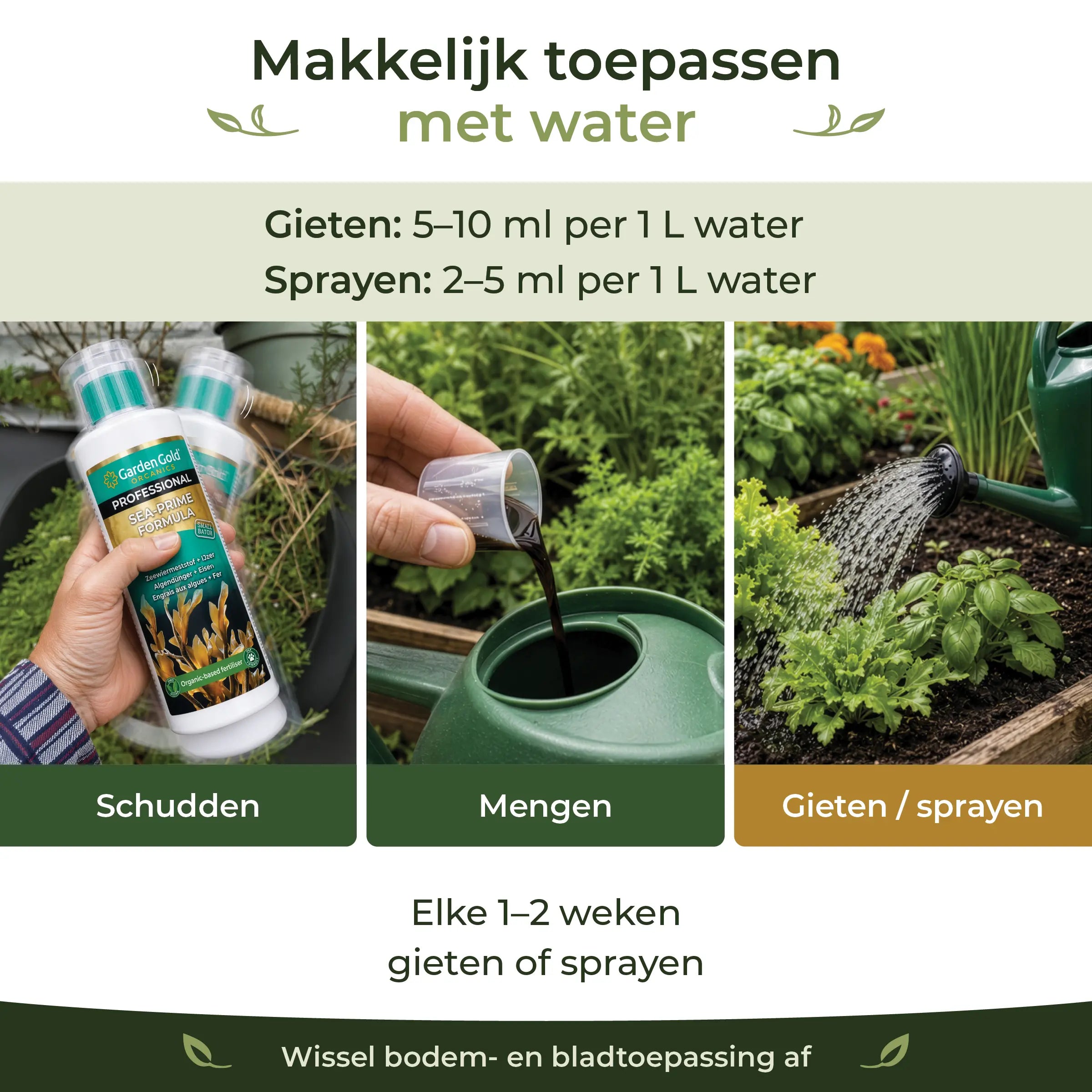 Application guide for Sea-Prime showing shake, mix and water or spray at 5 to 10 ml per liter for watering and 2 to 5 ml per liter for foliar spray